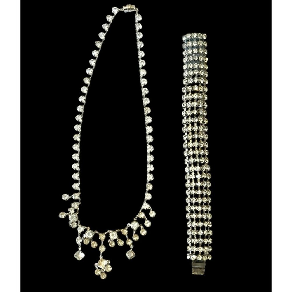 Art Deco Necklace 16” Open Back & Bracelet Cuff Contemporary Rhinestones 6”x.75”